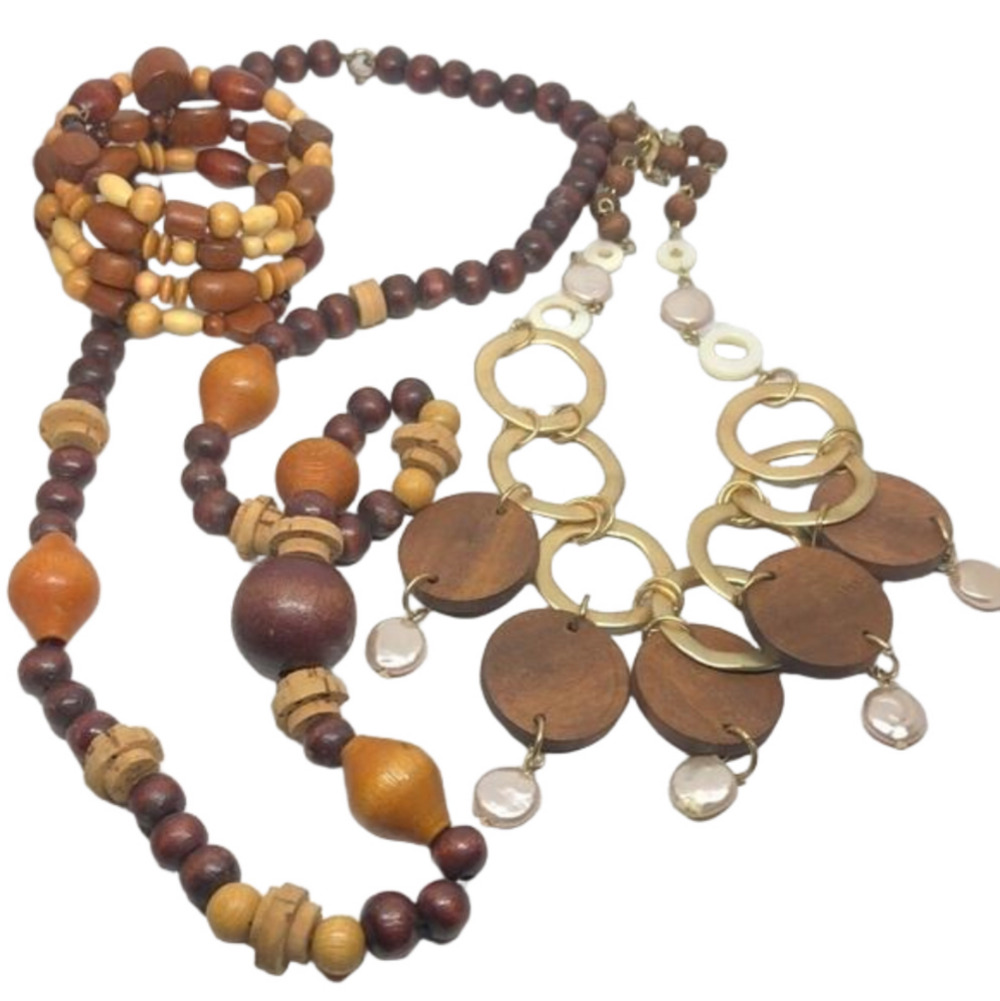 BUNDLE lot 2 wooden jewelry set 2 necklaces and bracelet boho statement tribal.